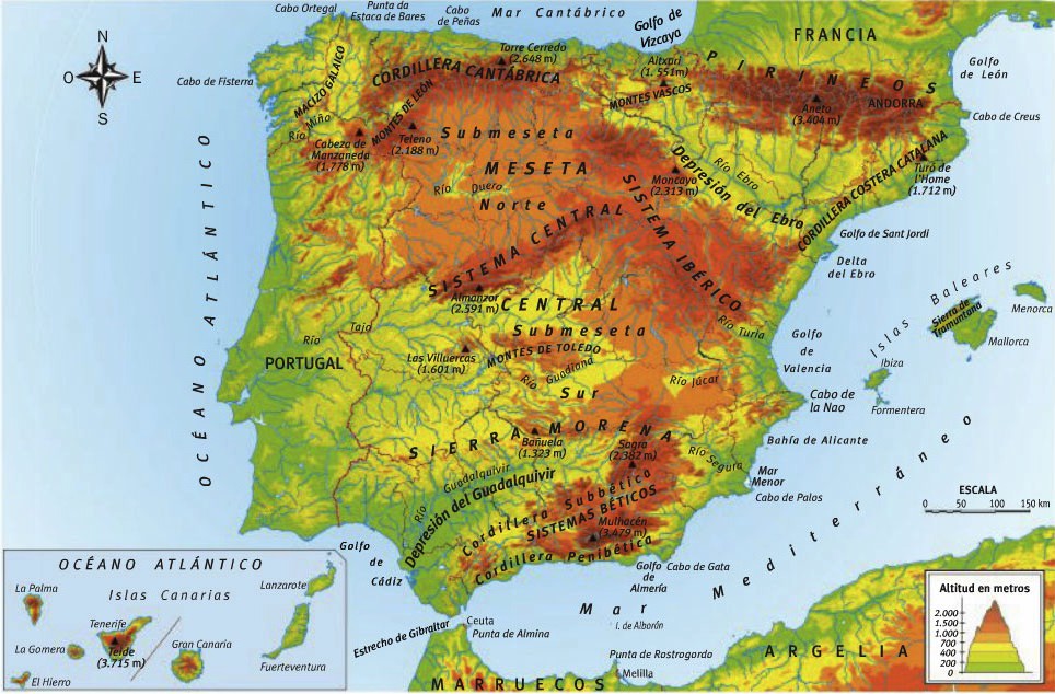 Mapas físico y político de la península ibérica – Civilización española  III-IV